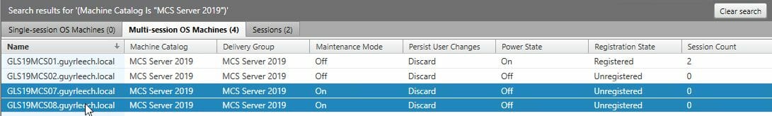 Das Suchergebnis zeigt alle VMs, die Teil des Maschinenkatalogs „MCS Server 2019“ sind