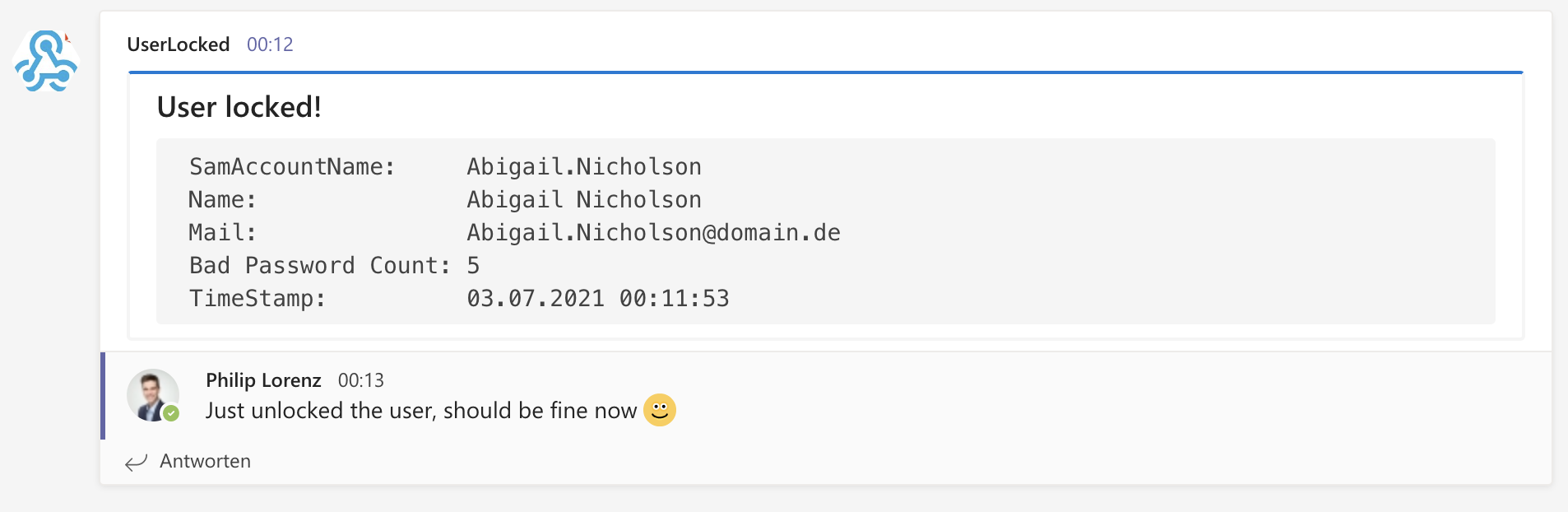 Abb. 1: Beispiel einer Alerting-Nachricht die über einen Webhook in MS Teams gepostet wurde