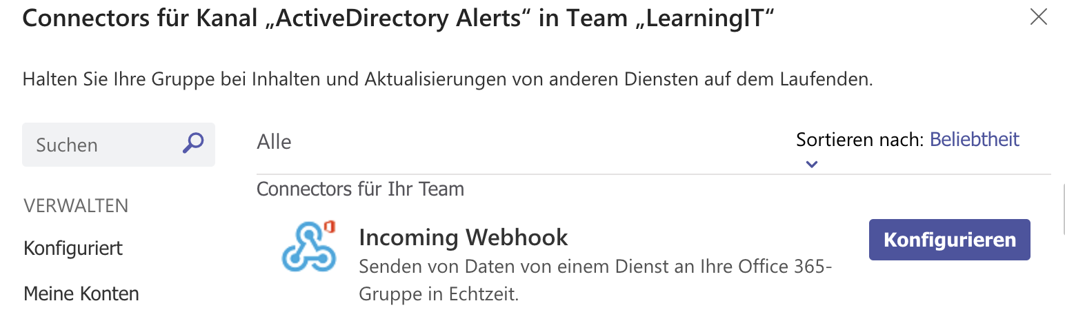 Übersicht der verfügbaren Connectors im Team "Learning IT"