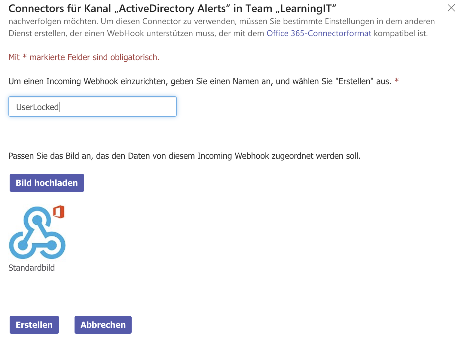 Konfigurieren der Connector-Eigenschaften für den neuen Webhook