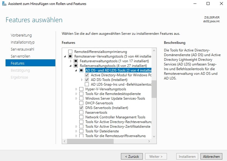 Installieren der Remoteserververwaltungs-Tools auf Servern
