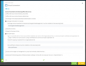 Screenshot Admin App: The "Cloud Connection" tab is open, the option " Exchange Online V2 (EXO V2 module)" is selected