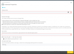 Screenshot Admin App: The "Credential Properties" tab of the credential configuration is open. The options "Use SSH key file to connect (for PowerShell Remoting over SSH)" and "SSH Key file path" are selected