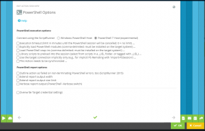Screenshot Admin App: The "PowerShell Options" tab of the Action configuration is open. The PowerShell execution option "PowerShell 7 Host (experimental)" is selected