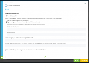 Screenshot Admin App: The "Cloud Connection" tab of the target configuration for a target of the type "Azure PowerShell Az module" is open