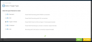 Screenshot Admin App: The Tab "Select Target Type" of the target configuration is open. The Option "Hyper-V Direct" is selected