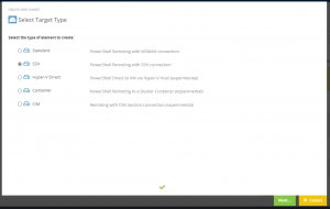 Screenshot Admin App: The Tab "Select Target Type" of the target configuration is open. The Option "SSH" is selected