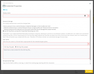 Screenshot Admin App: The "Credential Properties" tab of the credential configuration is open. The options "Use SSH key file to connect (for PowerShell Remoting over SSH)" and "SSH Key file content" are selected
