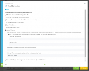 Screenshot Admin App: The "Cloud Connection" tab is open, the option "Microsoft Teams" is selected