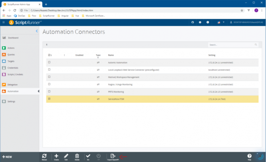 Screenshot of the ScriptRunner Admin App: The Tab "Automation Connectors" is open, the option "Export OpenAPI" in the bottom task bar is highlighted