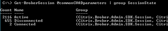 Screenshot of the command used to display a breakdown of active versus disconnected sessions