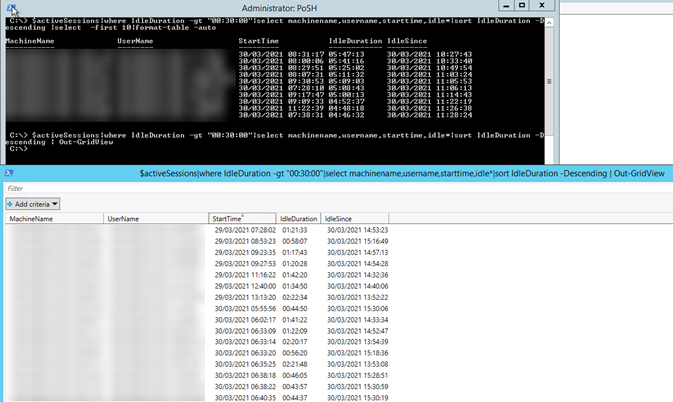 Screenshot: A list of all active sessions