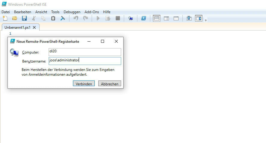 Screenshot PowerShell ISE: When opening a PowerShell session on a remote machine a login prompt appears