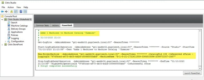 The PowerShell tab in Citrix Studio shows the PowerShell cmdlet used for executing an action
