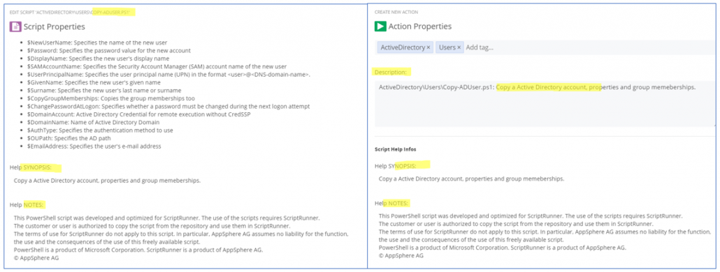 Contents of the Script Header are used for, among other things, descriptions of scripts and actions.