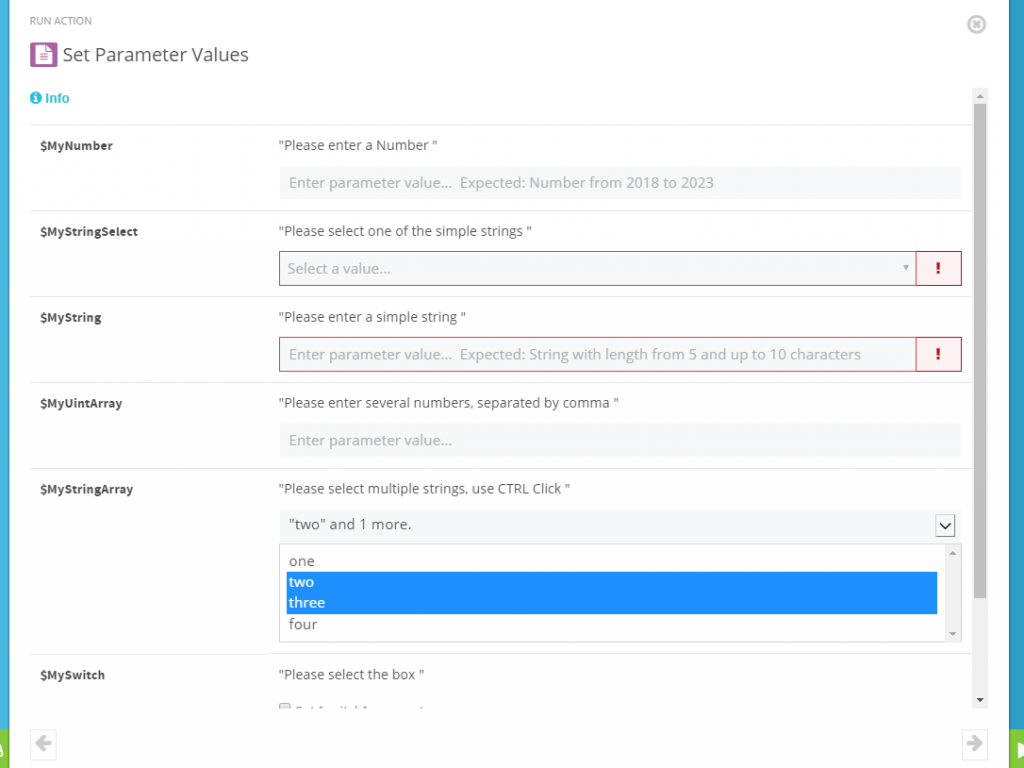 Screenshot: Set parameter values in the ScriptRunner Admin App
