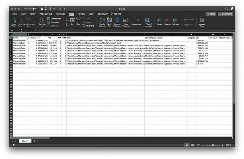 Screenshot of an Excel data sheet. You can see several rows of data for which the import settings were manually edited so that delimiters were recognized and correctly interpreted