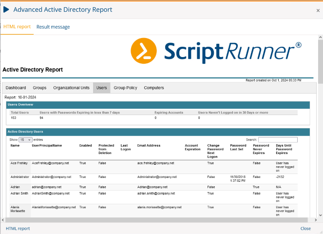 Create Active Directory report with ScriptRunner Portal