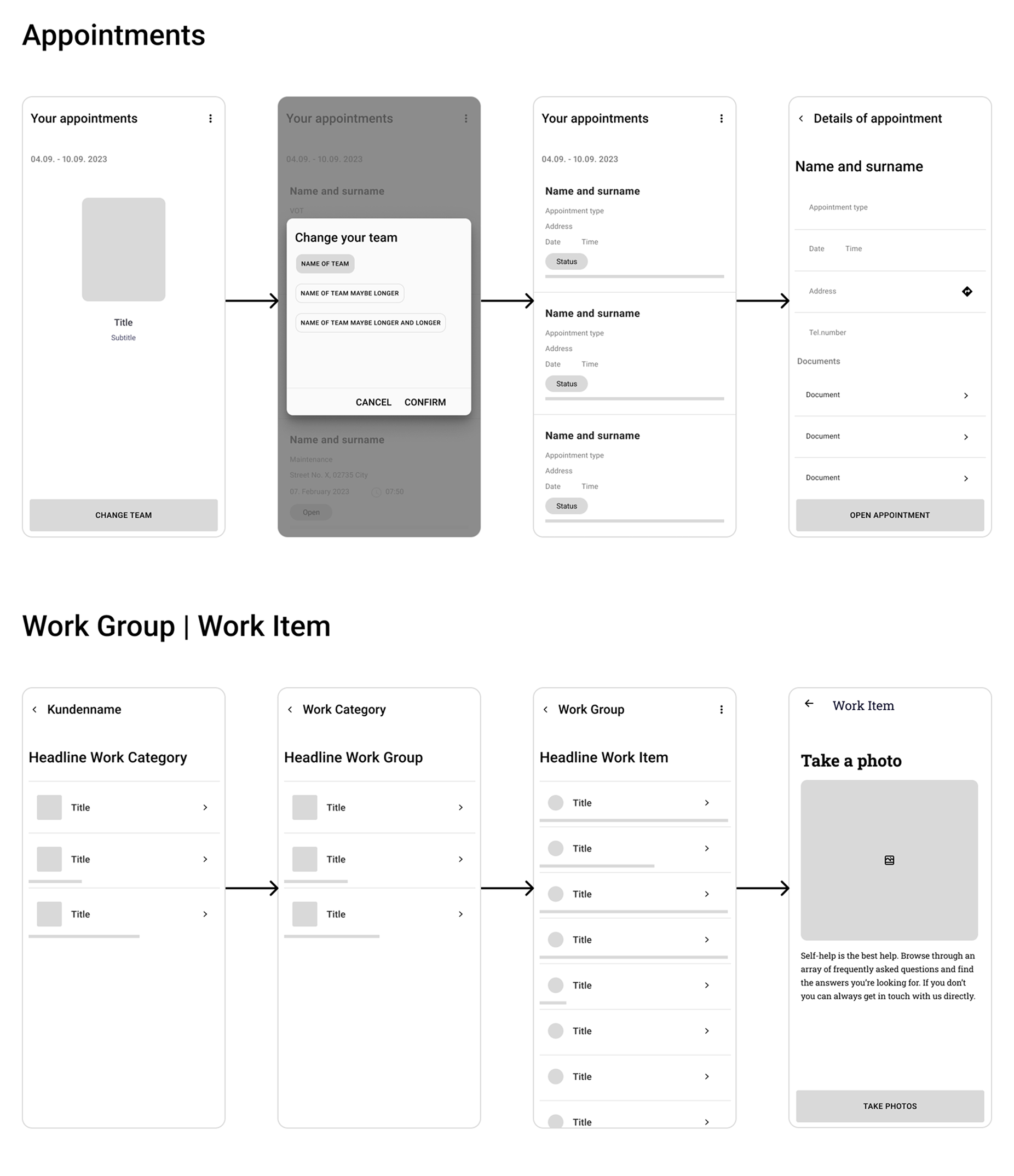 Zu sehen ist ein Ausschnitt der Wireframes (sechs Screens)