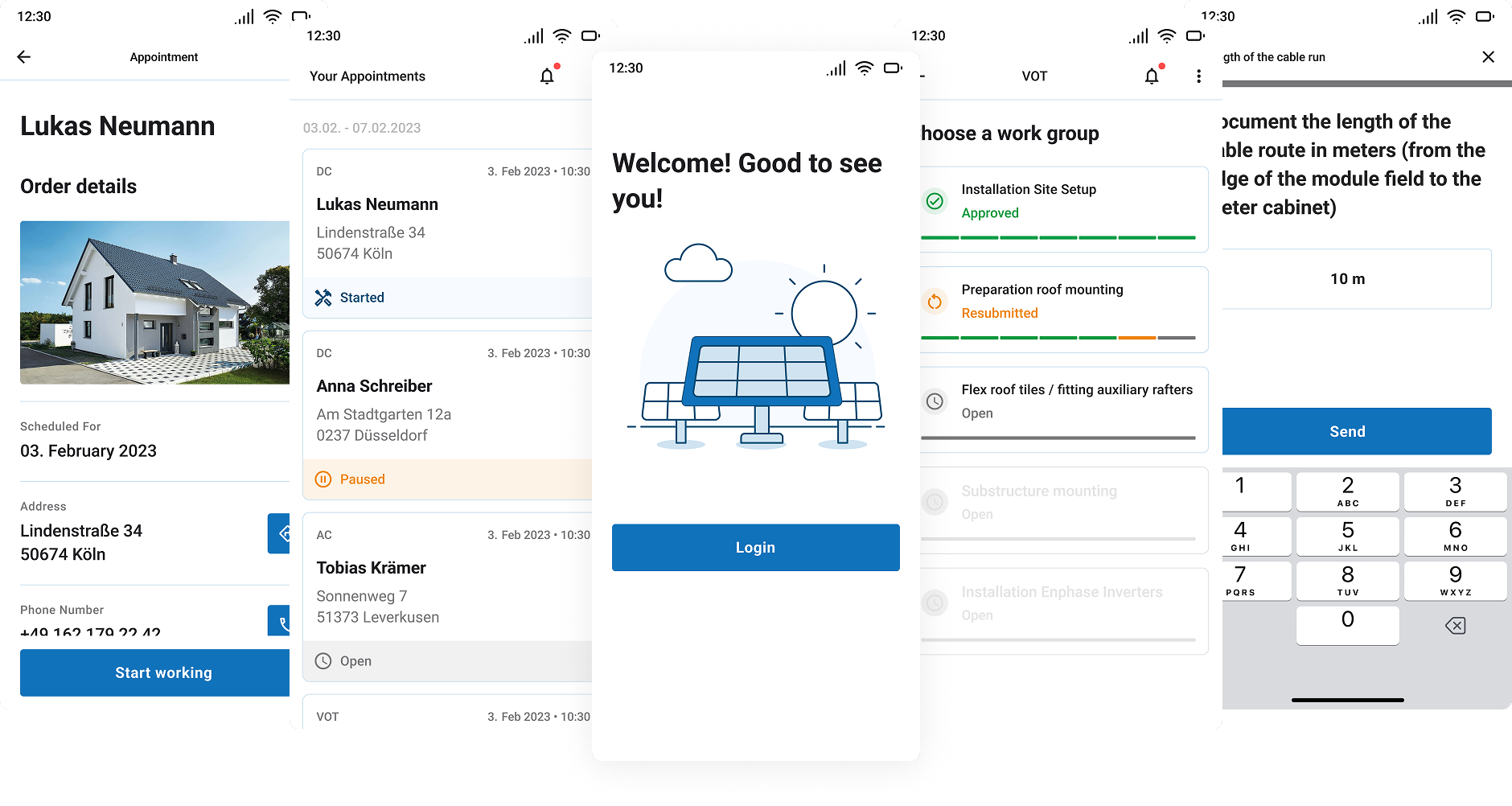 Fünf exemplarische Screens der App sind zu sehen