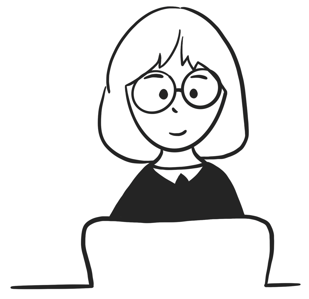 Eine Frau mit Brille die vor einem Laptop sitzt