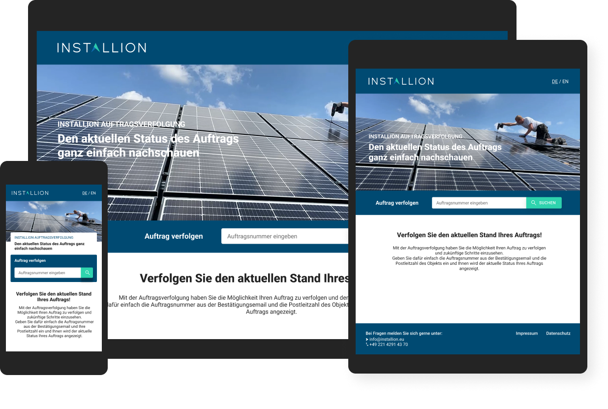 Der Screenshot zeigt wie das Projekt Auftragsverfolgung auf verschiedenen Geräten (Desktop, Tablet und Handy) aussieht