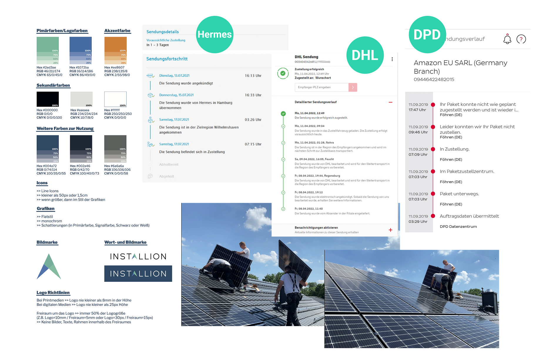 Bilder von Installateuren und Solaranlagen, Screenshots der Auftragsverfolgung von DHL, DPD und Hermes, sowie vom Styleguide von Installion