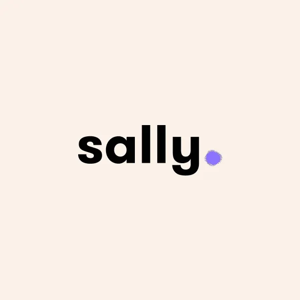 Sally Logo in schwarzer serifenloser Schrift mit lila Punkt auf hellrosa Hintergrund