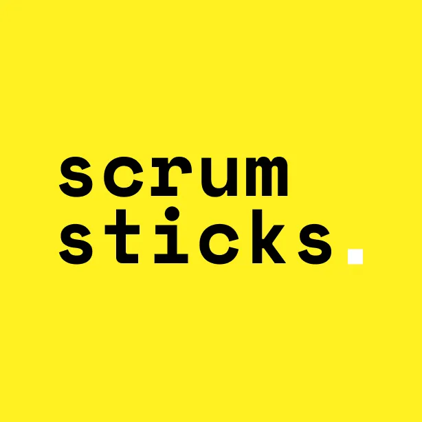 Logo 'scrum sticks' in schwarzer Schrift auf gelbem Hintergrund