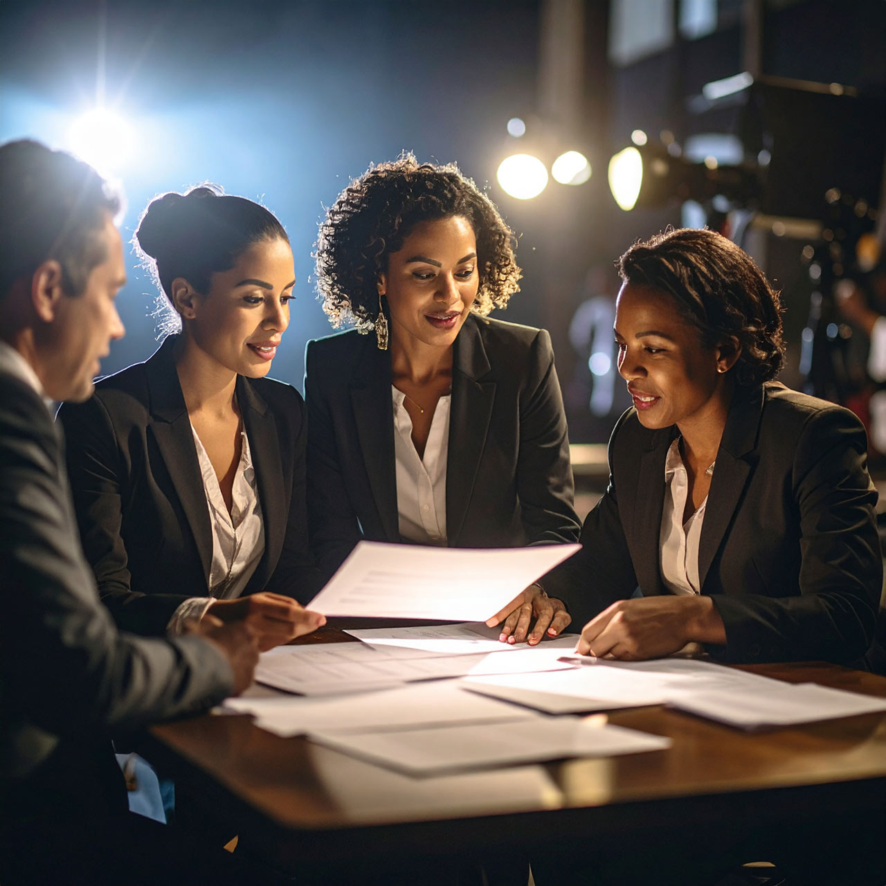 Cast gather around a TV script with an IP lawyer