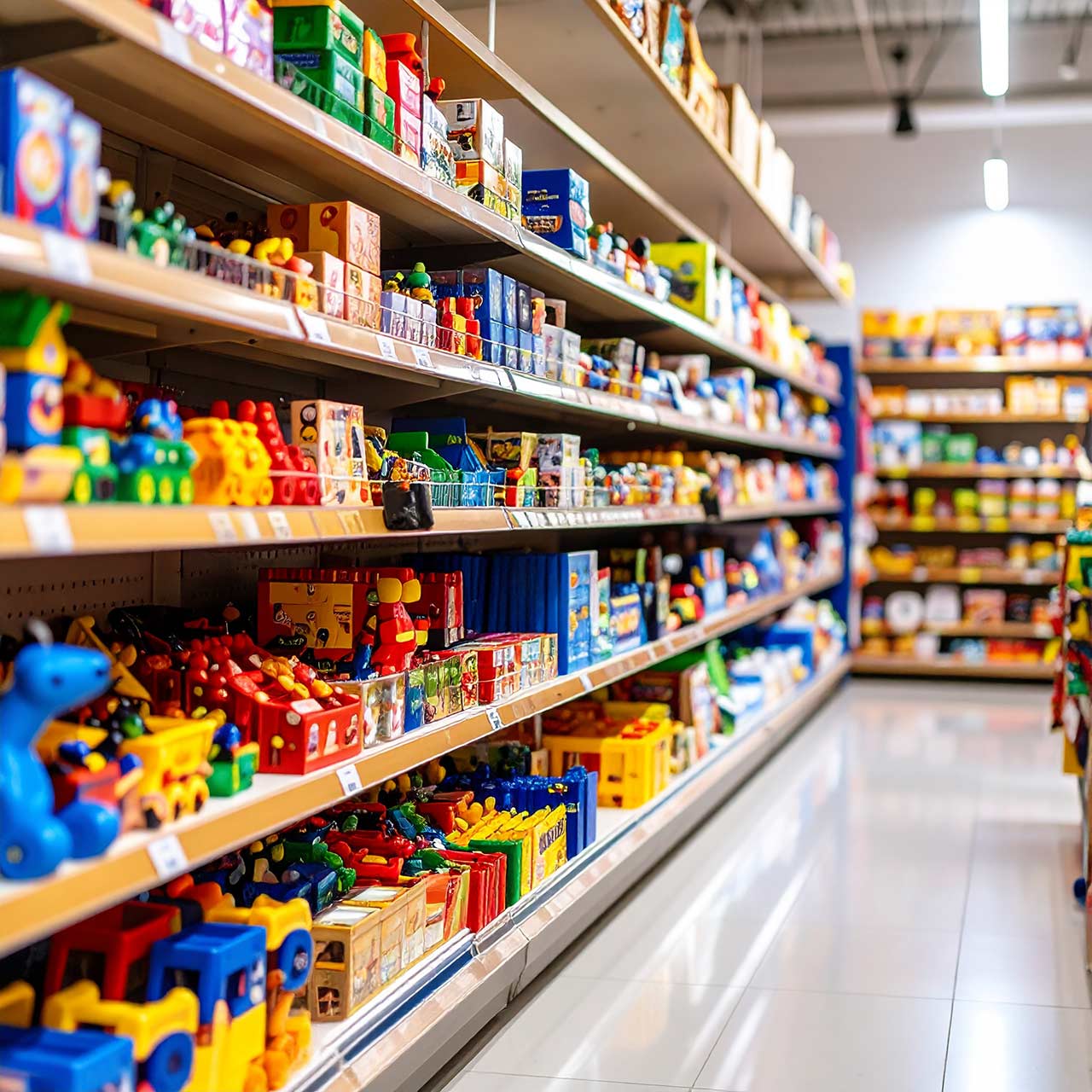Toy shop with packed shelves