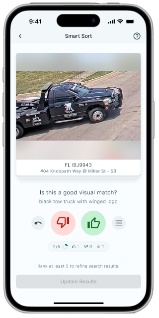 Screenshot of a mobile app showing a black tow truck with a winged logo, license plate FL IBJ9943, and options to mark the image as a good or bad visual match.