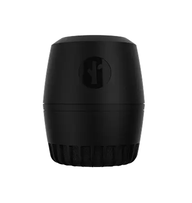 Small black cylindrical speaker with grille at the bottom and logo on front.