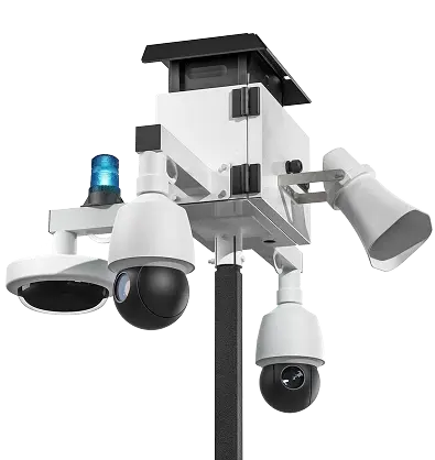 Surveillance system with multiple security cameras and a blue warning light mounted on a pole.