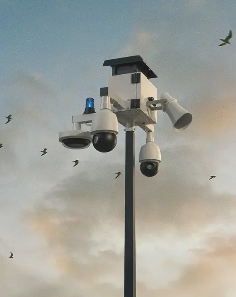 Surveillance camera pole with multiple cameras and a loudspeaker against a cloudy sky with flying birds.