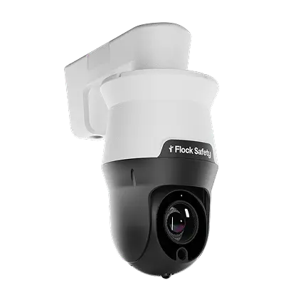 White and black Flock Safety security camera with dome-shaped lens and mounting bracket.