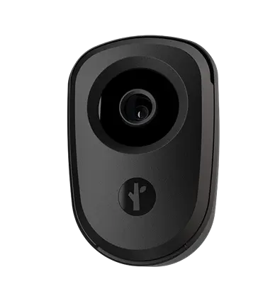 Black rectangular smart security camera with rounded corners and lens at top center.