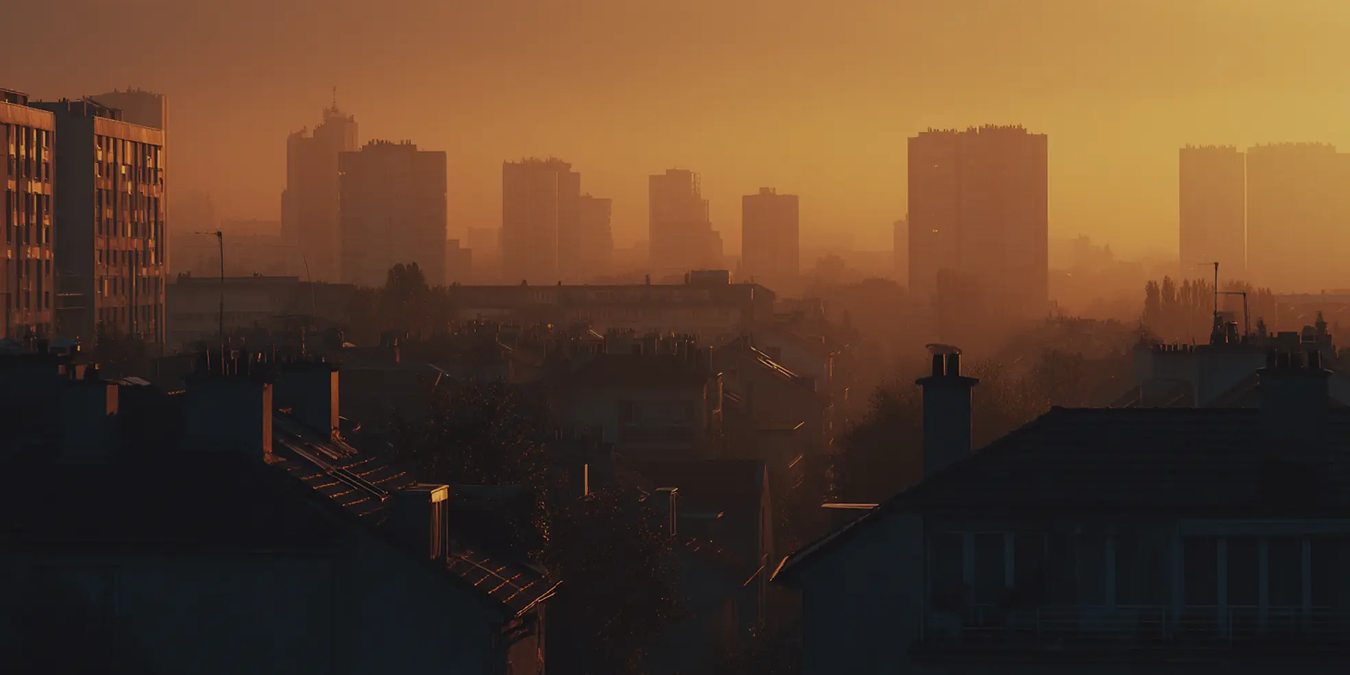 City skyline with tall buildings and rooftops in foreground under warm golden sunset haze.