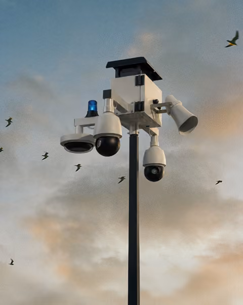 Security pole with multiple surveillance cameras, a blue light, and a speaker against a cloudy sky with birds.