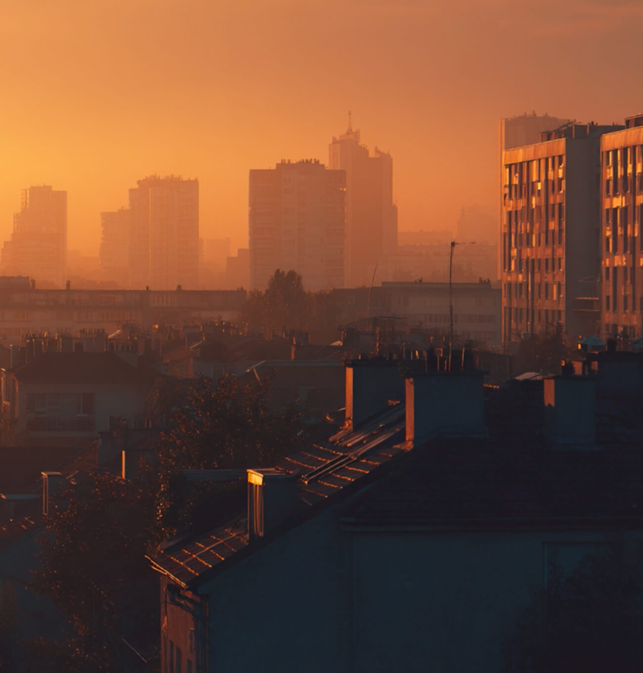 City skyline at sunrise