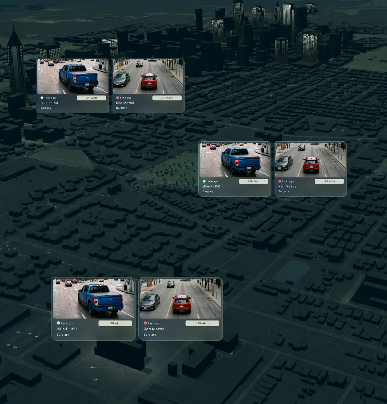 City map showing matching LPR alerts for the same two vehicles detected across several jurisdictions