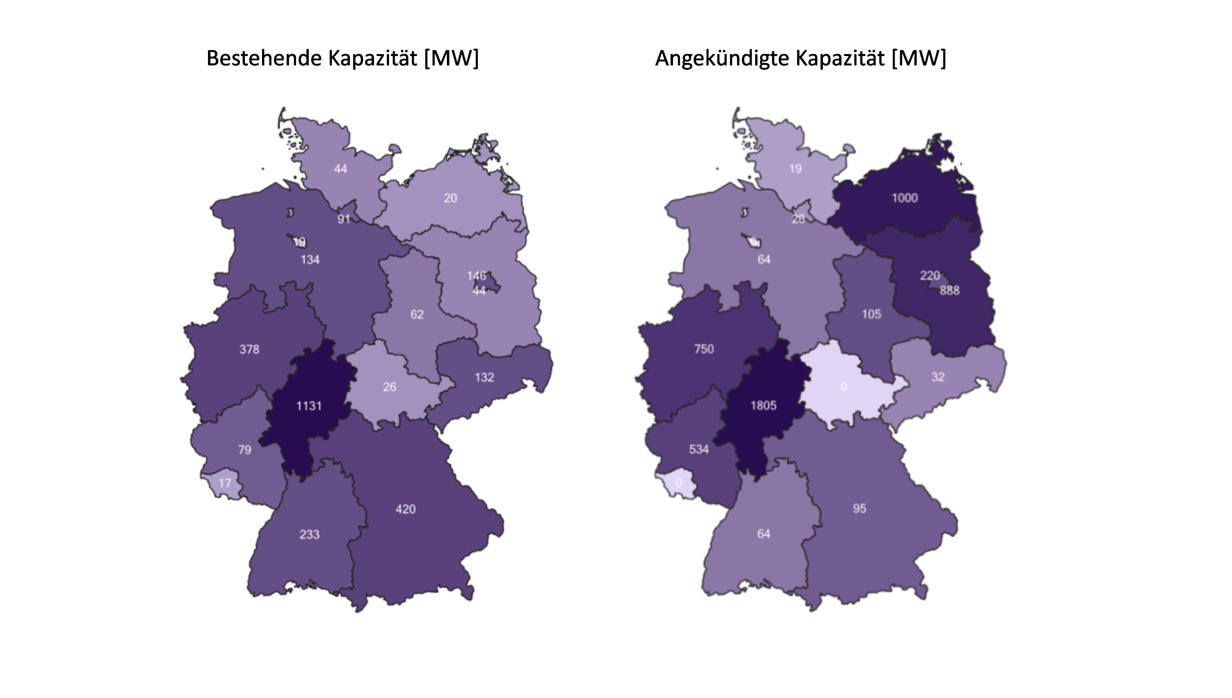 Karten: bestehende und angekündigte Rechenzentrumskapazität in Deutschland in Megawatt (Quelle: Bitkom/Borderstep Institut)