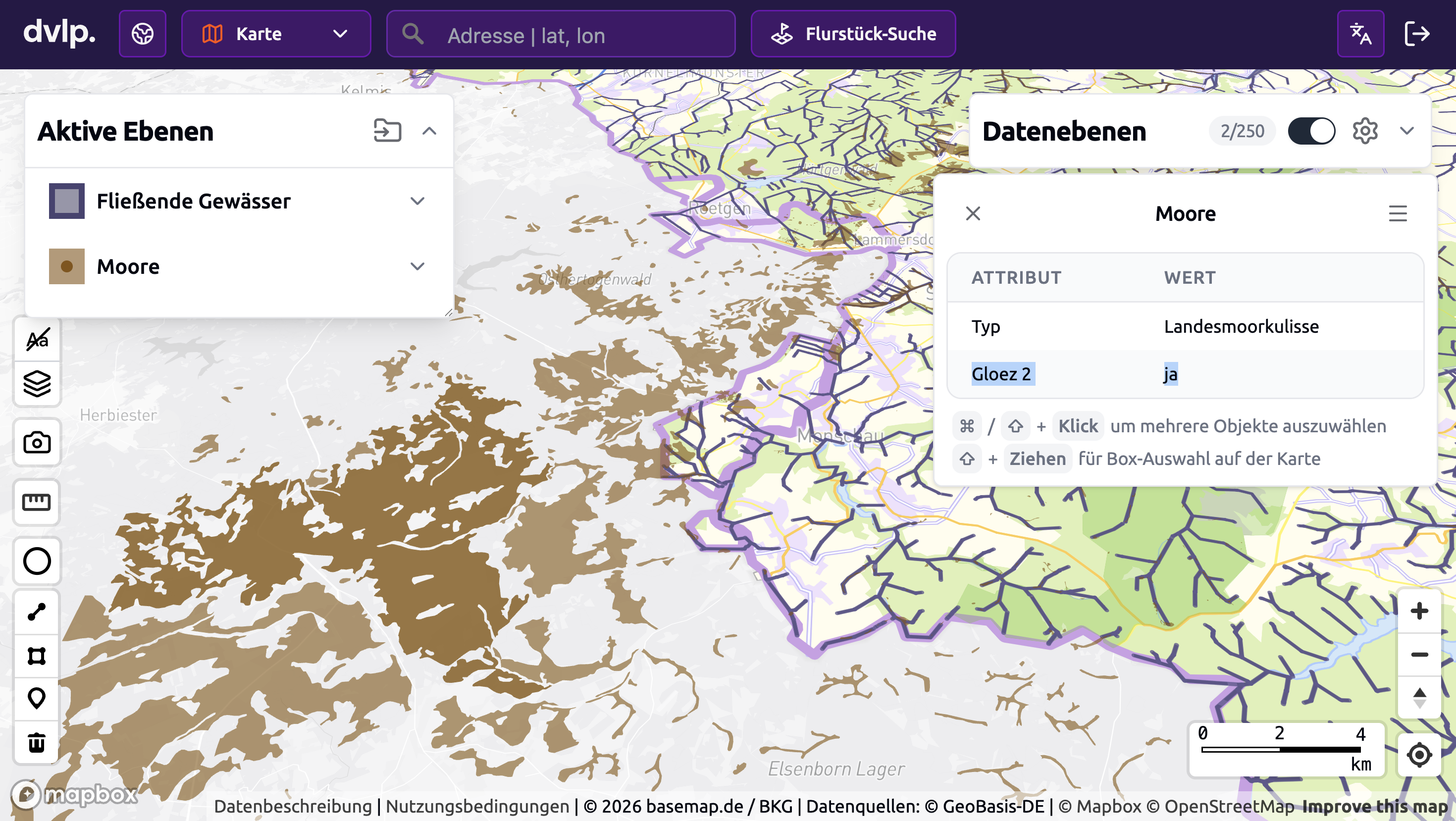 Screenshot des dvlp.energy Web-GIS mit braun markierten Flächen der GLÖZ-II-Landesmoorkulisse im Raum Hürtgenwald und Roetgen.