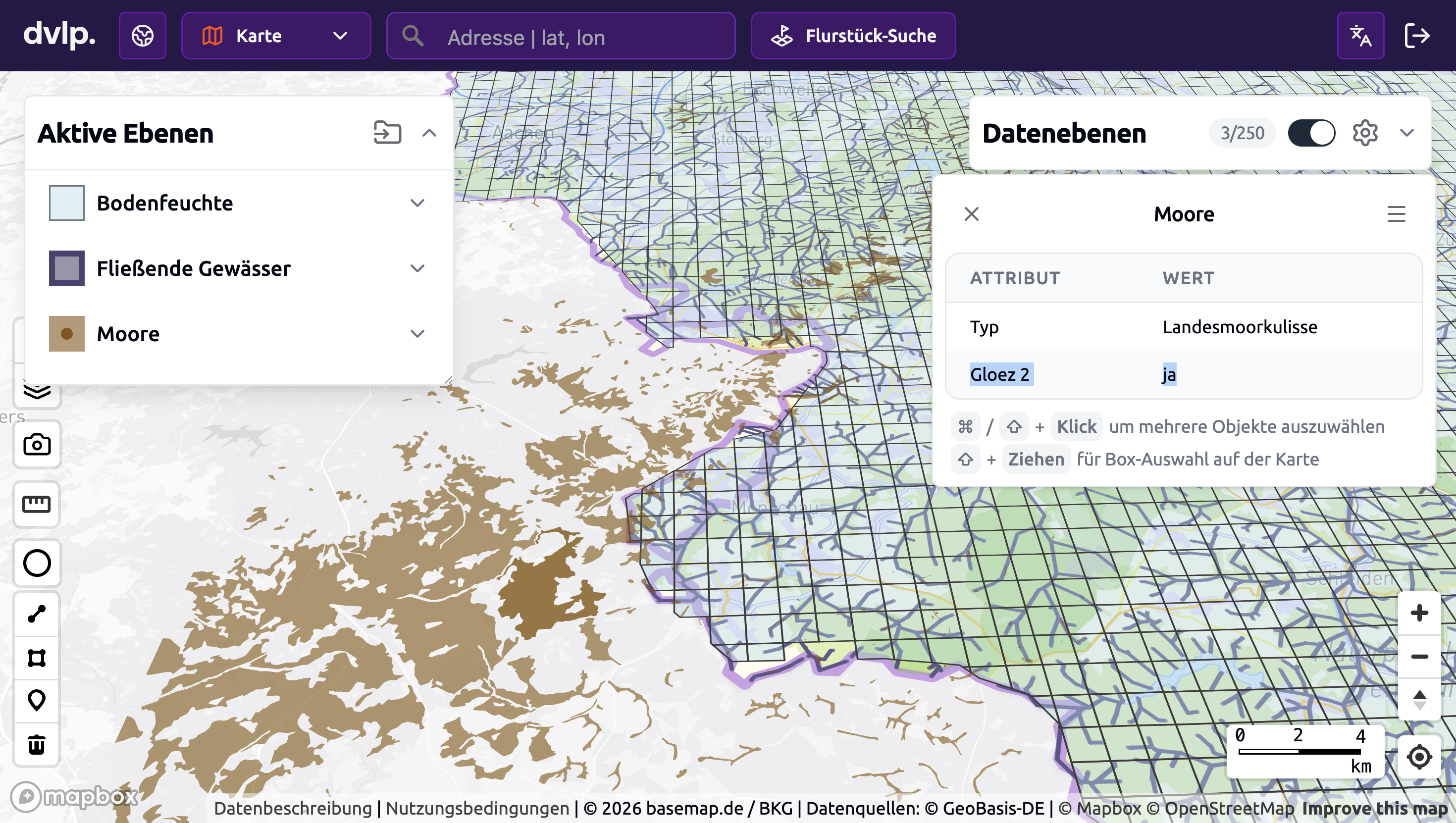 GLÖZ II peatland reference layer displayed in the dvlp.energy Web GIS for early-stage peatland PV site screening.