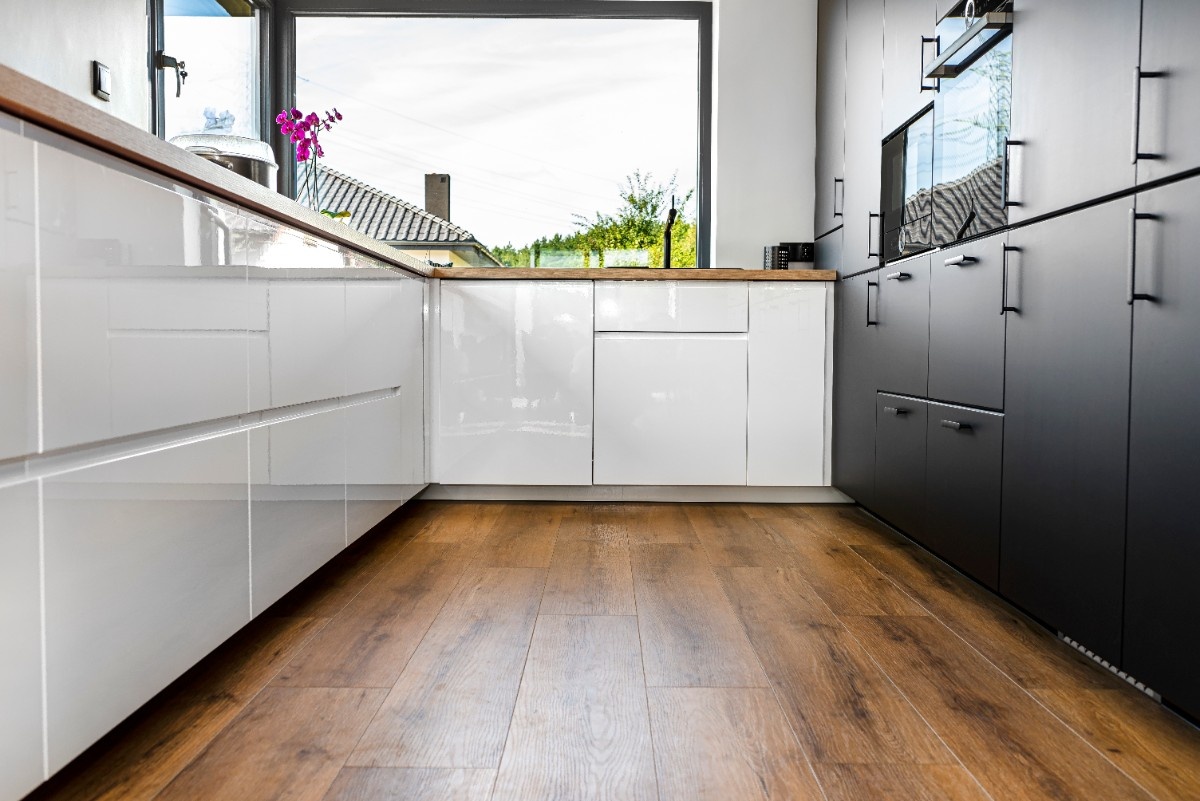 New hardwood flooring installed during kitchen remodel