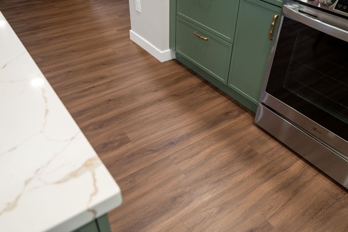Wood-look tile flooring installed in kitchen renovation