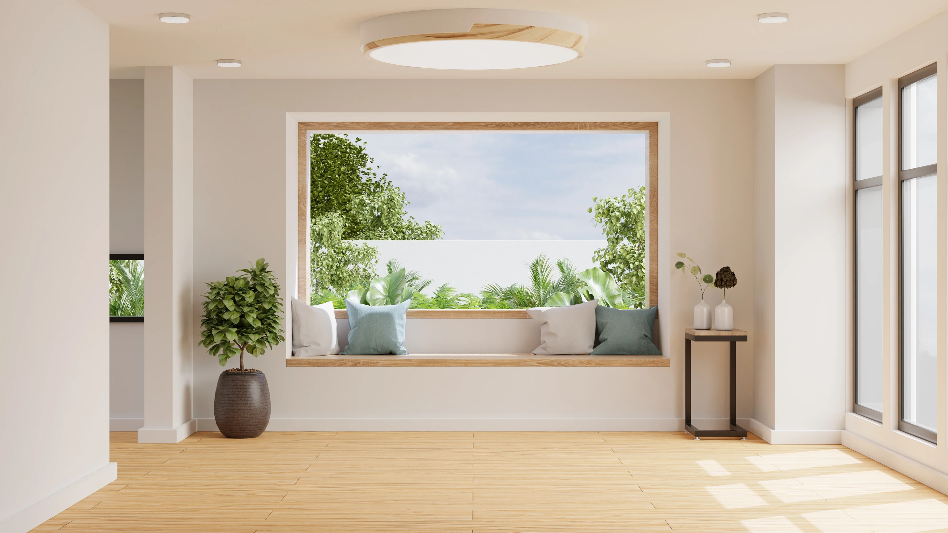 Open-concept living room renovation featuring a picture window seat, light wood flooring, and recessed ceiling lighting.
