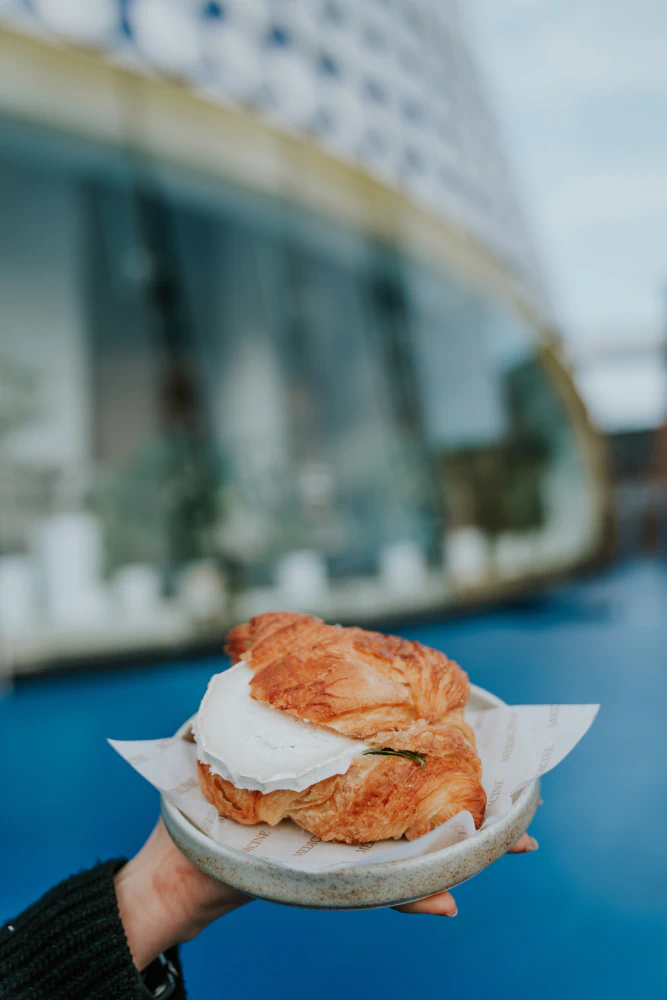 Hand holding a plate with a croissant sandwich filled with white cream cheese against an outdoor blurred background.