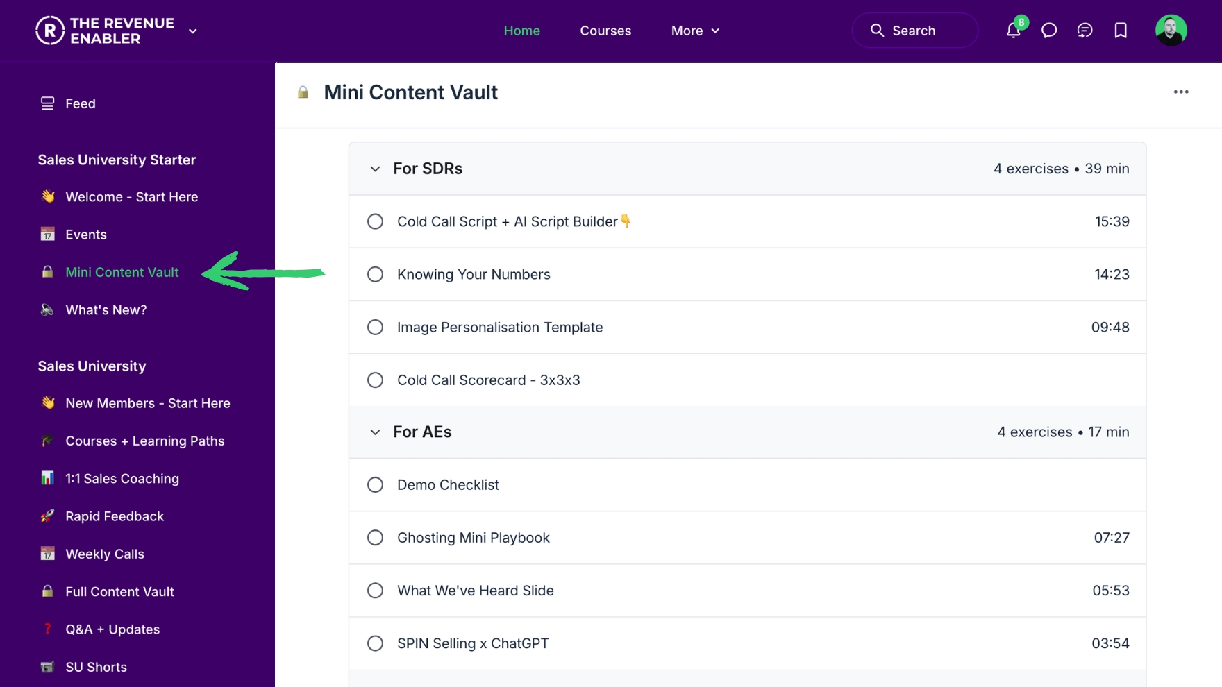 Image of our learning platform, showing the menu for the free content. 