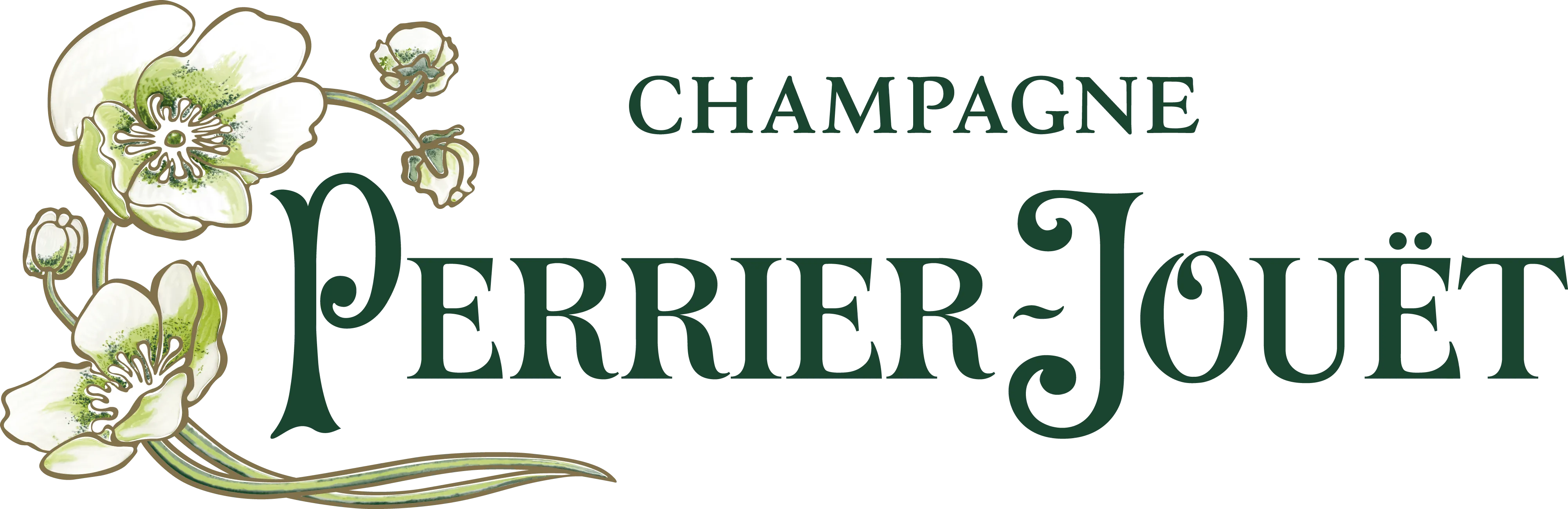 Champagne Perrier-Jouët Logo mit zwei weißen Blumen an der linken Seite.